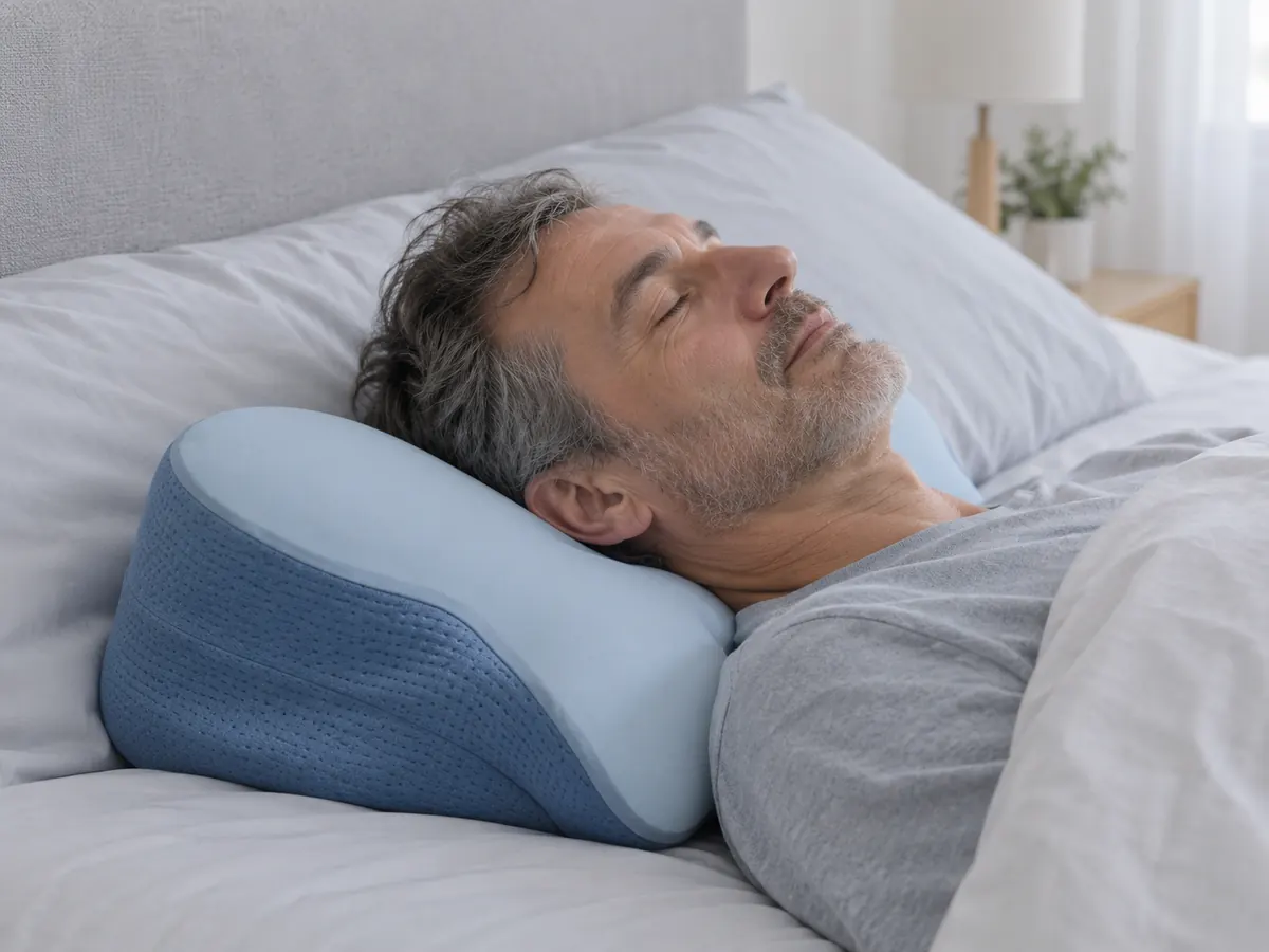 A man asleep on his back, the back of his head resting in the dip at the centre of the pillow