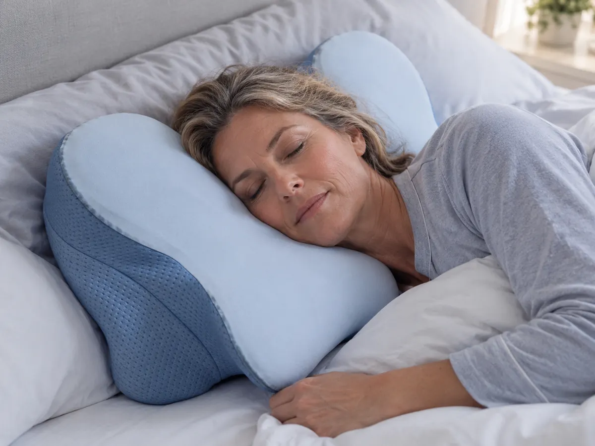 A woman asleep on her side, her head resting level on a light blue butterfly-shaped pillow